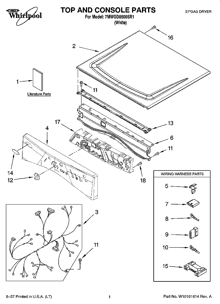 TOP AND CONSOLE PARTS Diagram and Parts List for 7MWGD8500SR1  Whirlpool Dryer