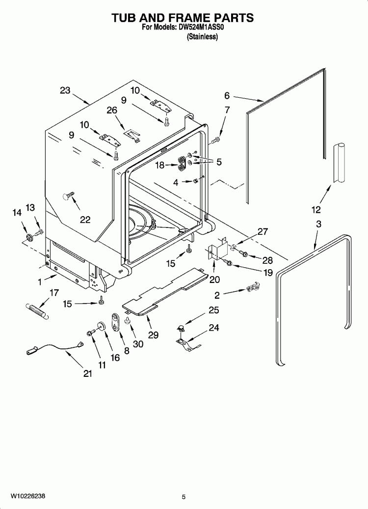 TUB AND FRAME PARTS Diagram and Parts List for DW524M1ASS0  Whirlpool Dishwasher