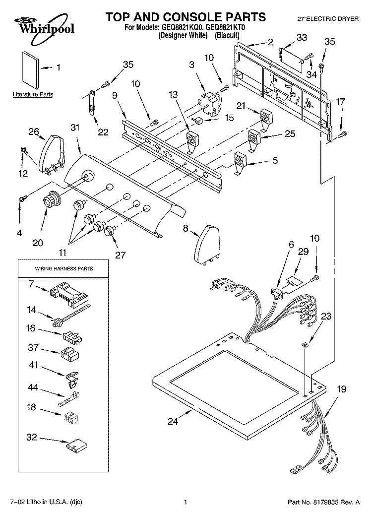 SECTION Diagram and Parts List for GEQ8821KT0  Whirlpool Dryer