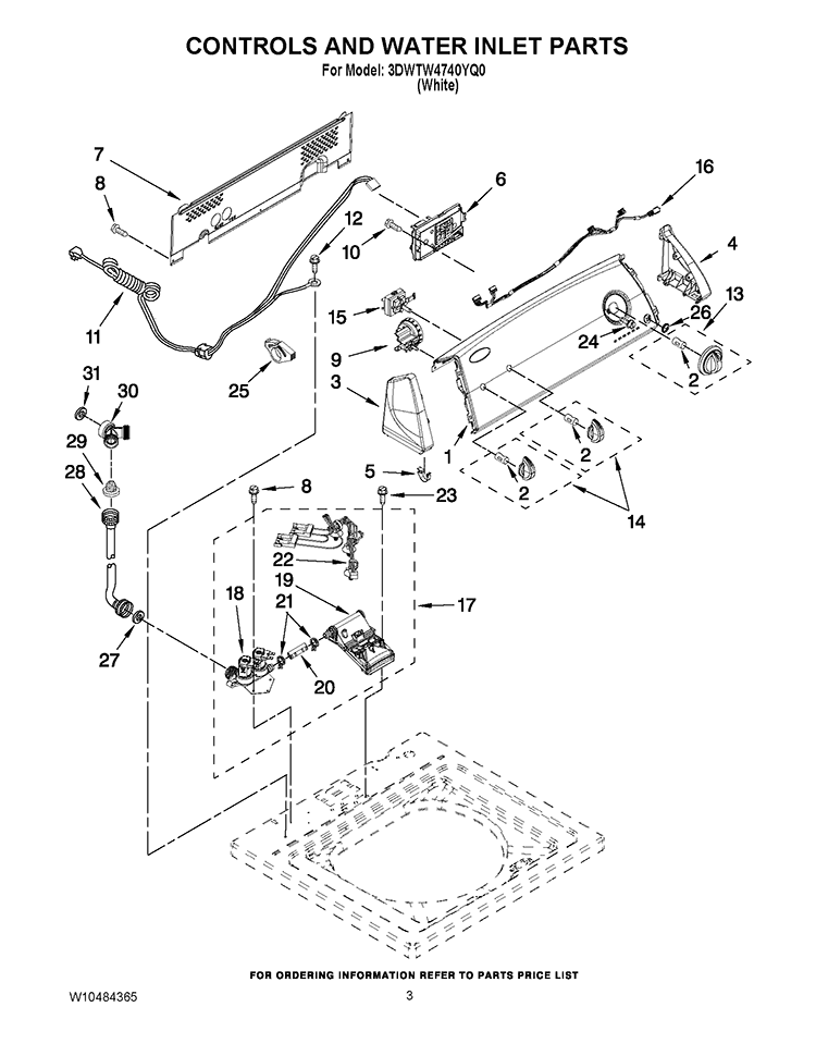 CONTROLS AND WATER INLET PARTS Diagram and Parts List for 3DWTW4740YQ0  Whirlpool Washer
