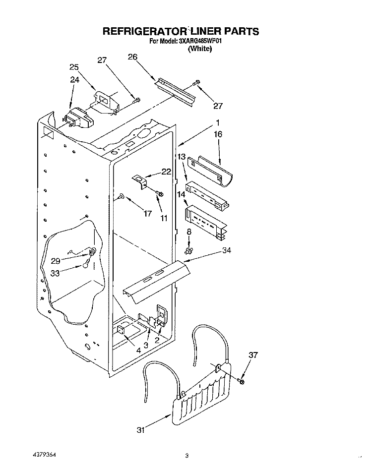 REFRIGERATOR LINER Diagram and Parts List for 3XARG485WP01  Whirlpool Refrigerator