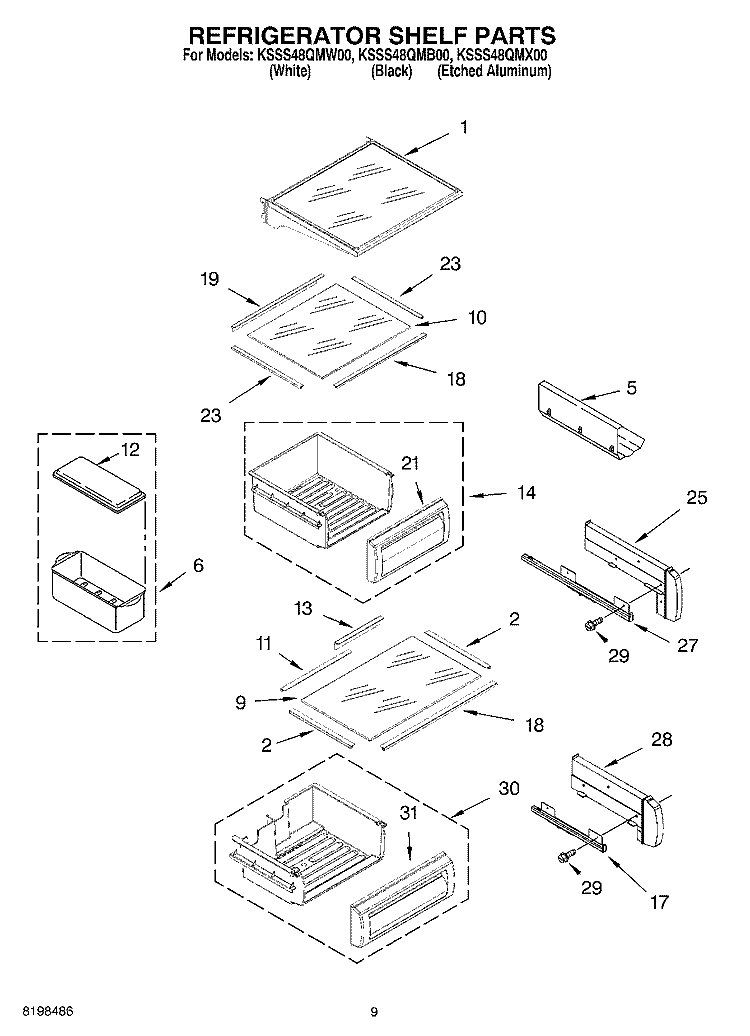 REFRIGERATOR SHELF PARTS Diagram and Parts List for KSSS48QMW00  KitchenAid Refrigerator