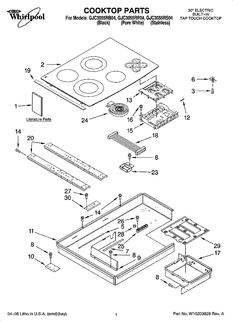 COOKTOP PARTS, OPTIONAL PARTS (NOT INCLUDED) Diagram and Parts List for GJC3055RP04  Whirlpool Cooktop