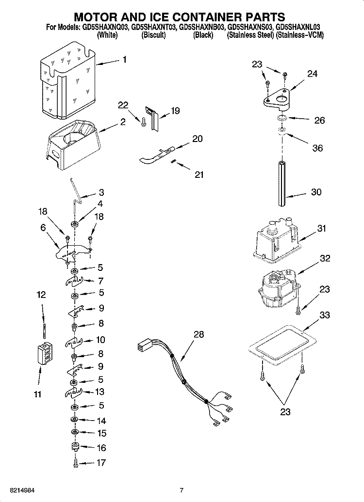 MOTOR AND ICE CONTAINER PARTS Diagram and Parts List for GD5SHAXNS03  Whirlpool Refrigerator