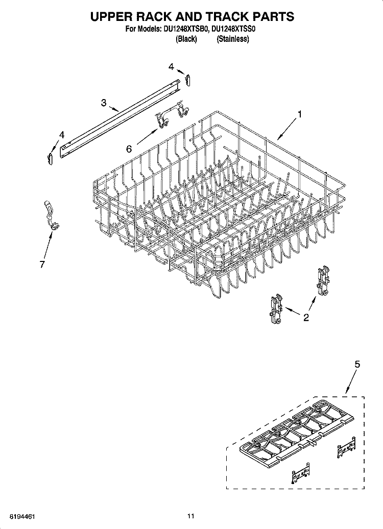 UPPER RACK AND TRACK PARTS Diagram and Parts List for DU1248XTSB0  Whirlpool Dishwasher