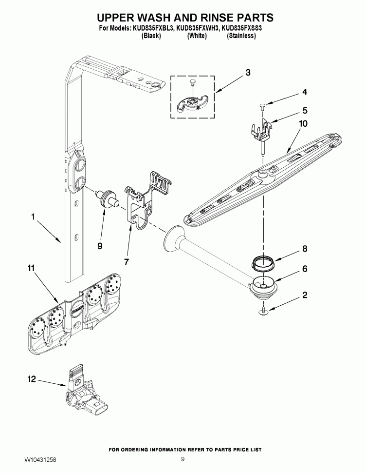 UPPER WASH AND RINSE PARTS Diagram and Parts List for KUDS35FXSS3  KitchenAid Dishwasher