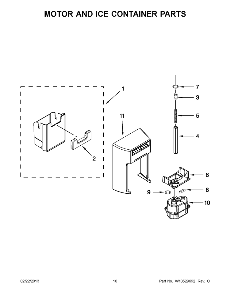 MOTOR AND ICE CONTAINER PARTS Diagram and Parts List for WRS537SIAF00  Whirlpool Refrigerator