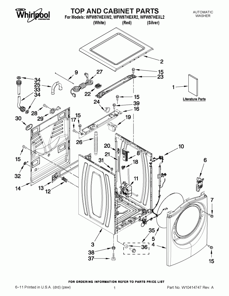 TOP AND CABINET PARTS Diagram and Parts List for WFW97HEXL2  Whirlpool Washer