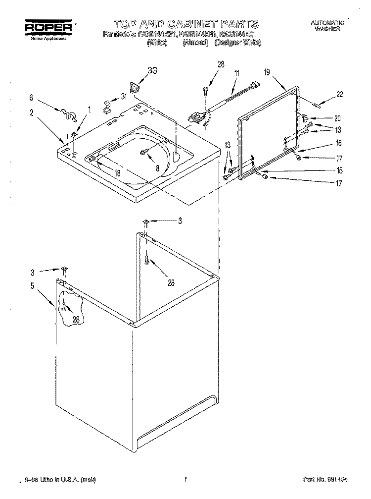 TOP AND CABINET Diagram and Parts List for RAX6144EQ1  Roper Washer