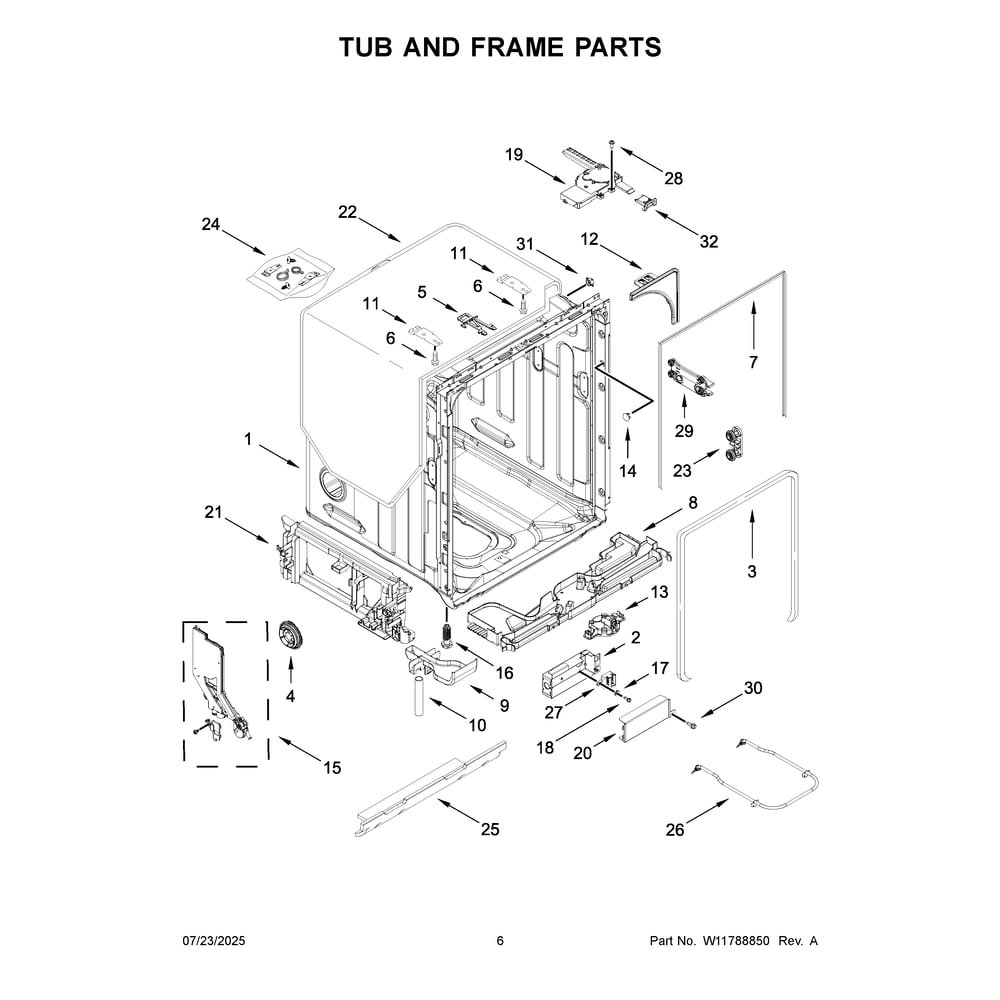 Tub And Frame Parts Diagram and Parts List for KDTS324SPS0  KitchenAid Dishwasher