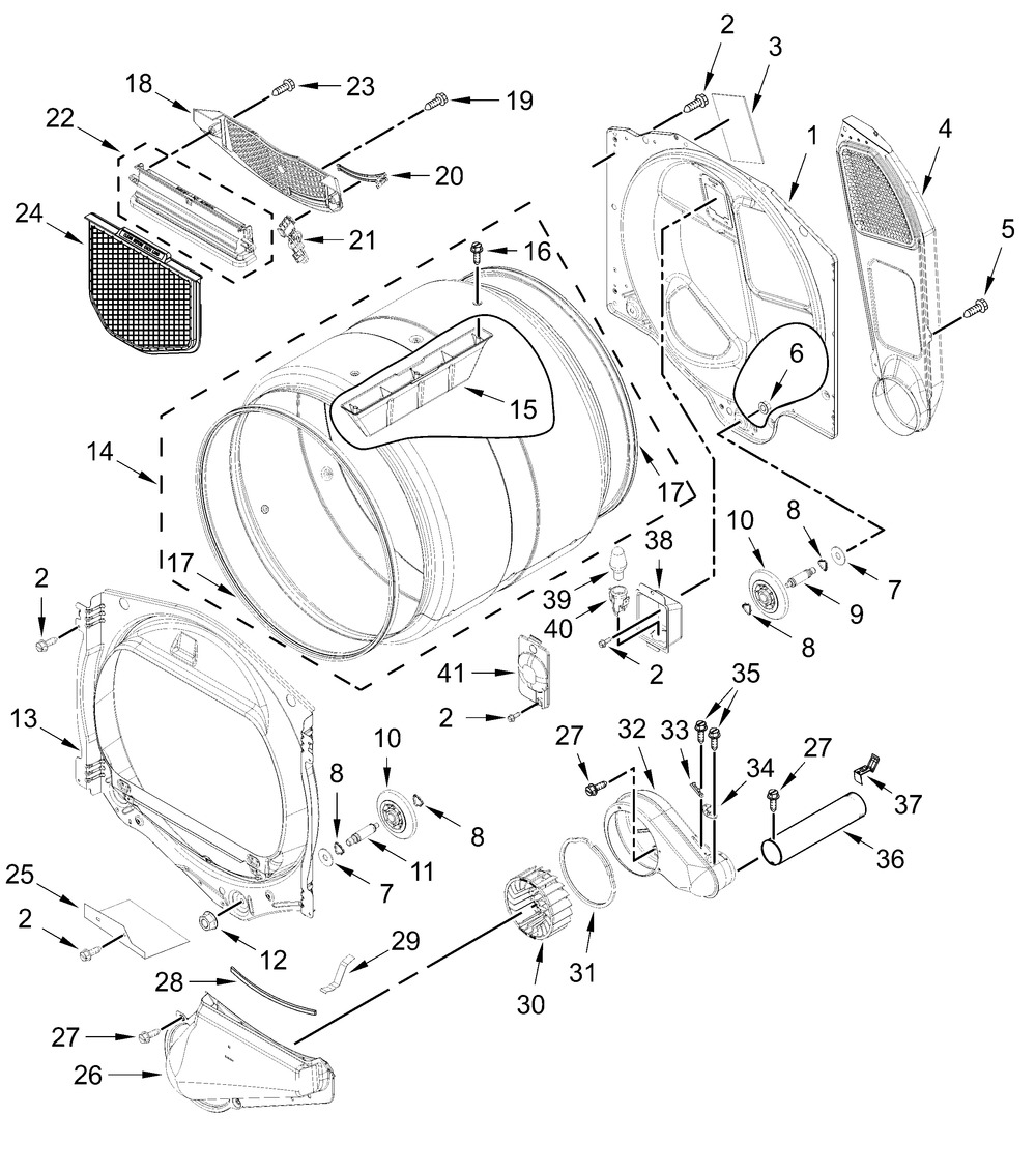 Bulkhead Parts Diagram and Parts List for MED6230RHW4  Whirlpool Dryer