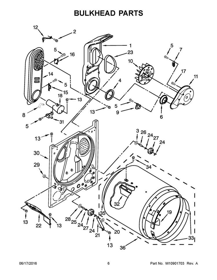 Bulkhead Parts Diagram and Parts List for WGD4916FW1  Whirlpool Dryer