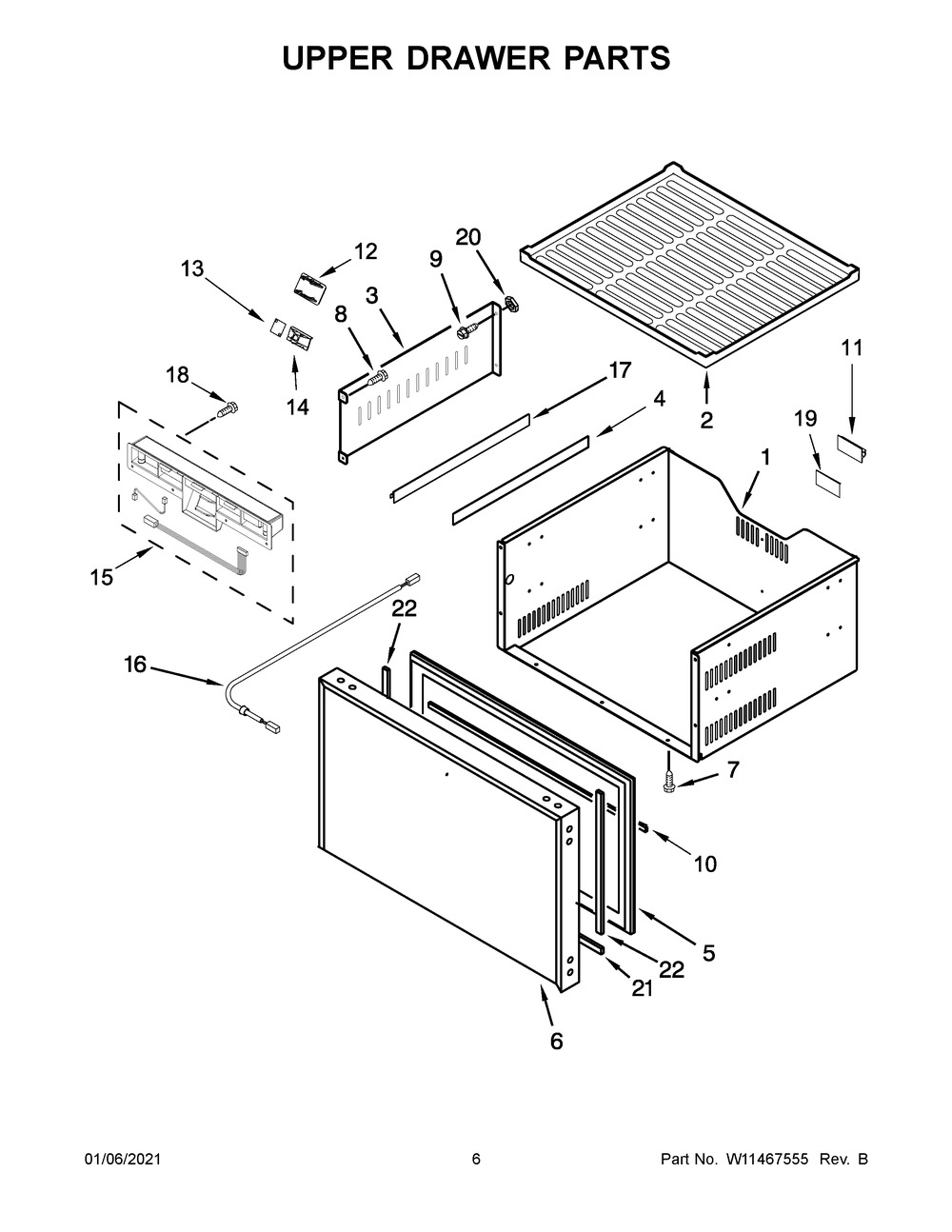 Upper Drawer Parts Diagram and Parts List for JUCFP242HX00  Whirlpool Refrigerator