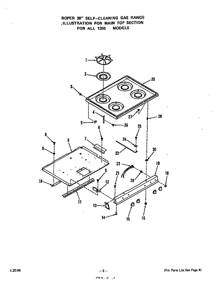 Main Top Diagram and Parts List for 1355*0A  Roper Range