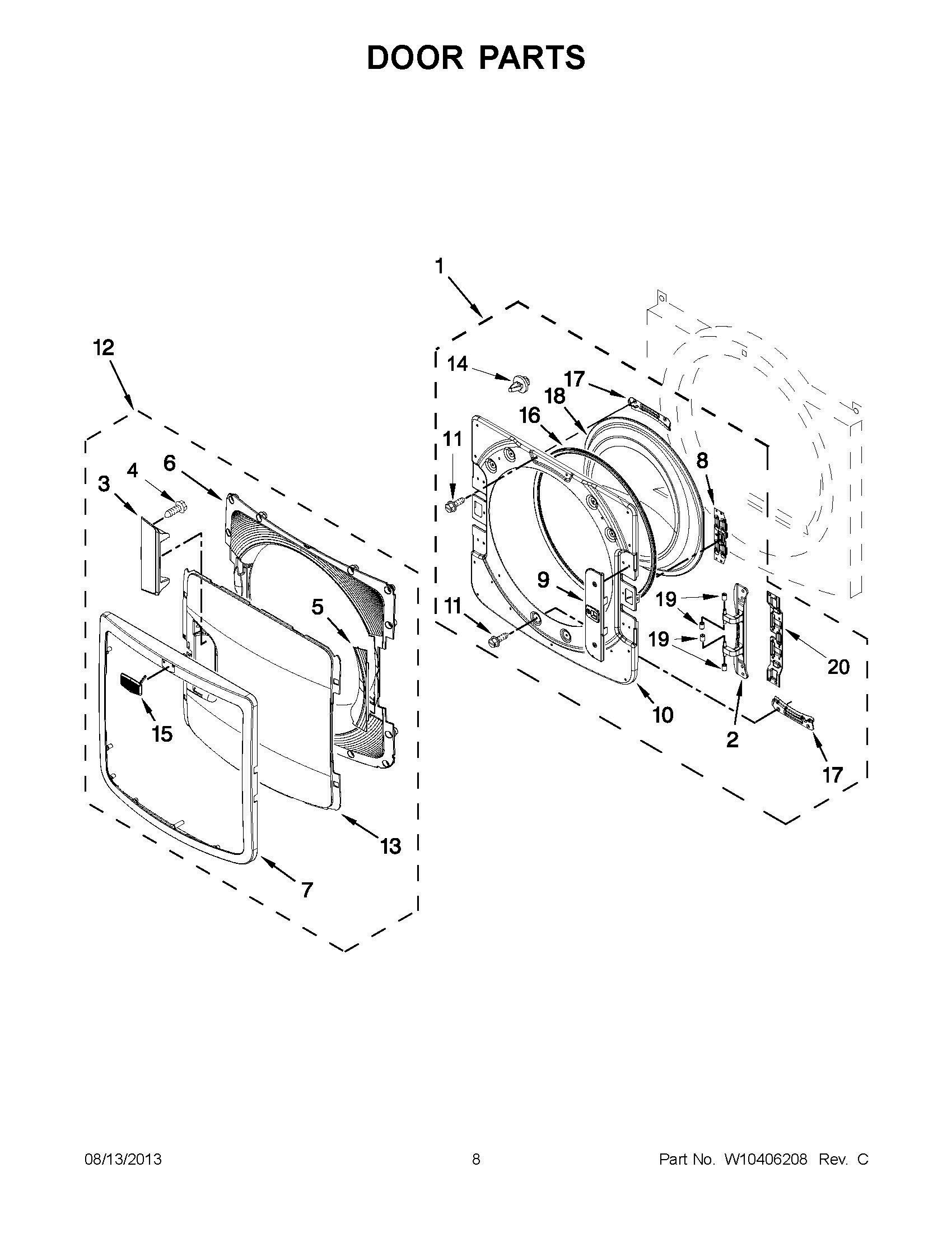 04 - DOOR PARTS Diagram and Parts List for YMED7000XW1  Whirlpool Dryer