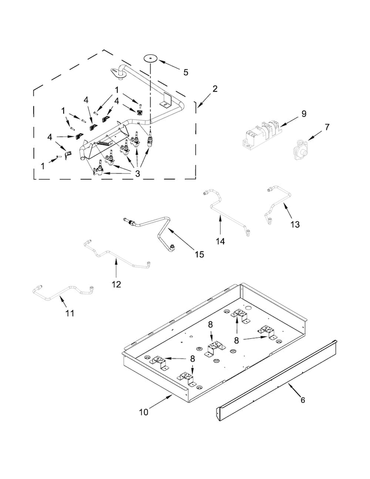 Burner Box, Gas Valves And Switch Parts Diagram and Parts List for WCG51US6DB00  Whirlpool Cooktop