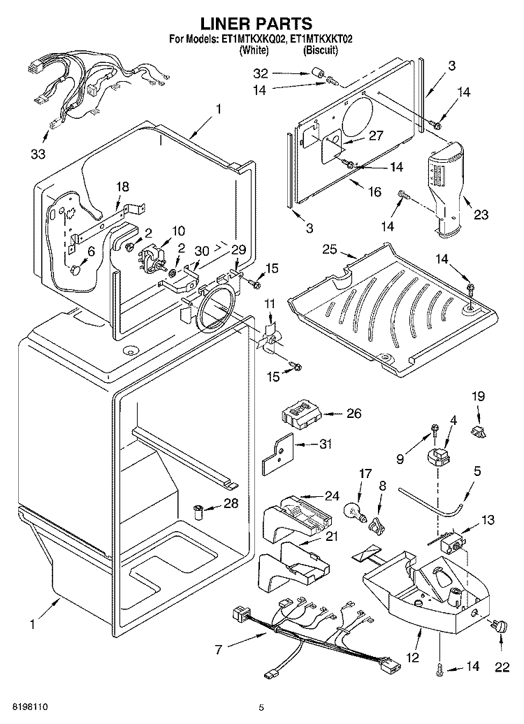 LINER Diagram and Parts List for ET1MTKXKT02  Whirlpool Refrigerator