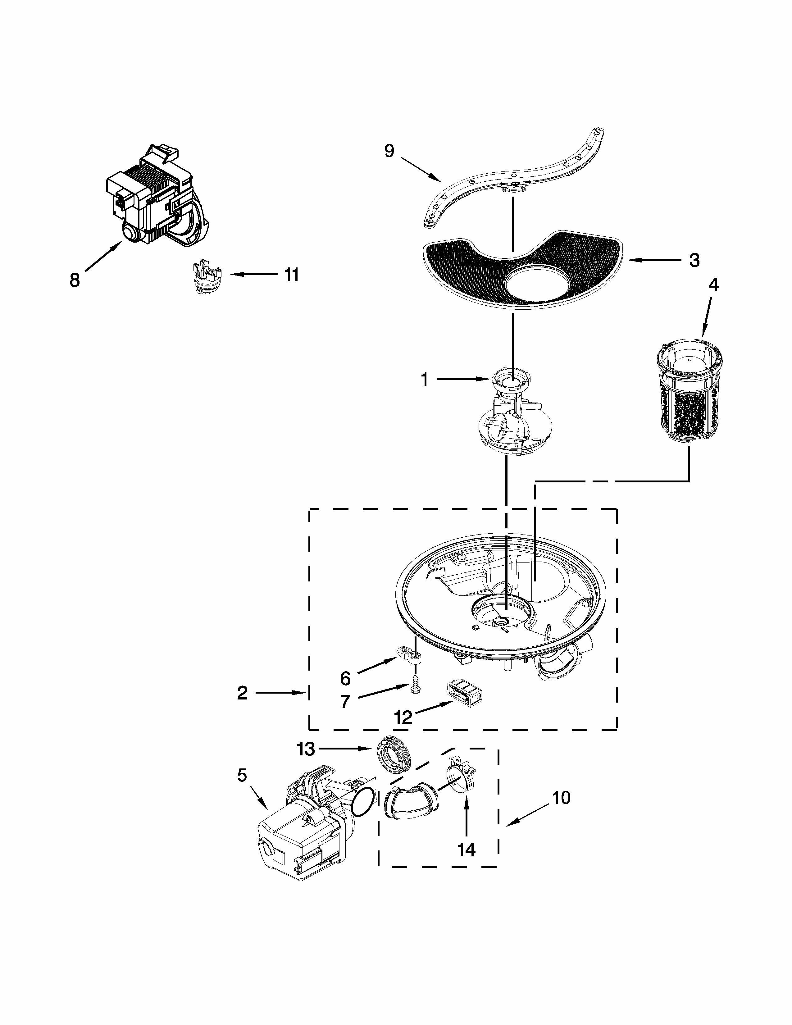 Pump, Washarm And Motor Parts Diagram and Parts List for 66517159K214  Kenmore Dishwasher