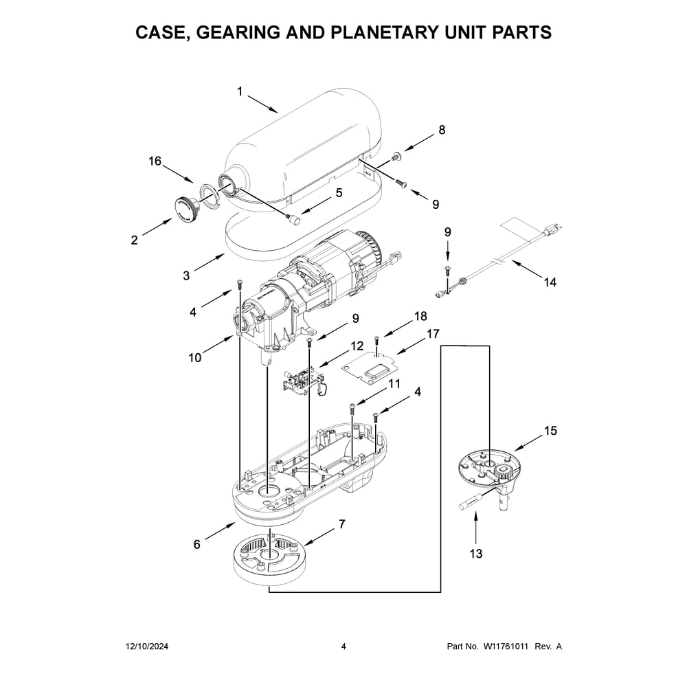 Case, Gearing And Planetary Unit Parts Diagram and Parts List for 5KSM60SPXPWH0  KitchenAid Mixer