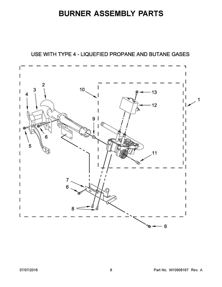 Burner Assembly Parts Diagram and Parts List for 7MWGD1860EM0  Whirlpool Dryer