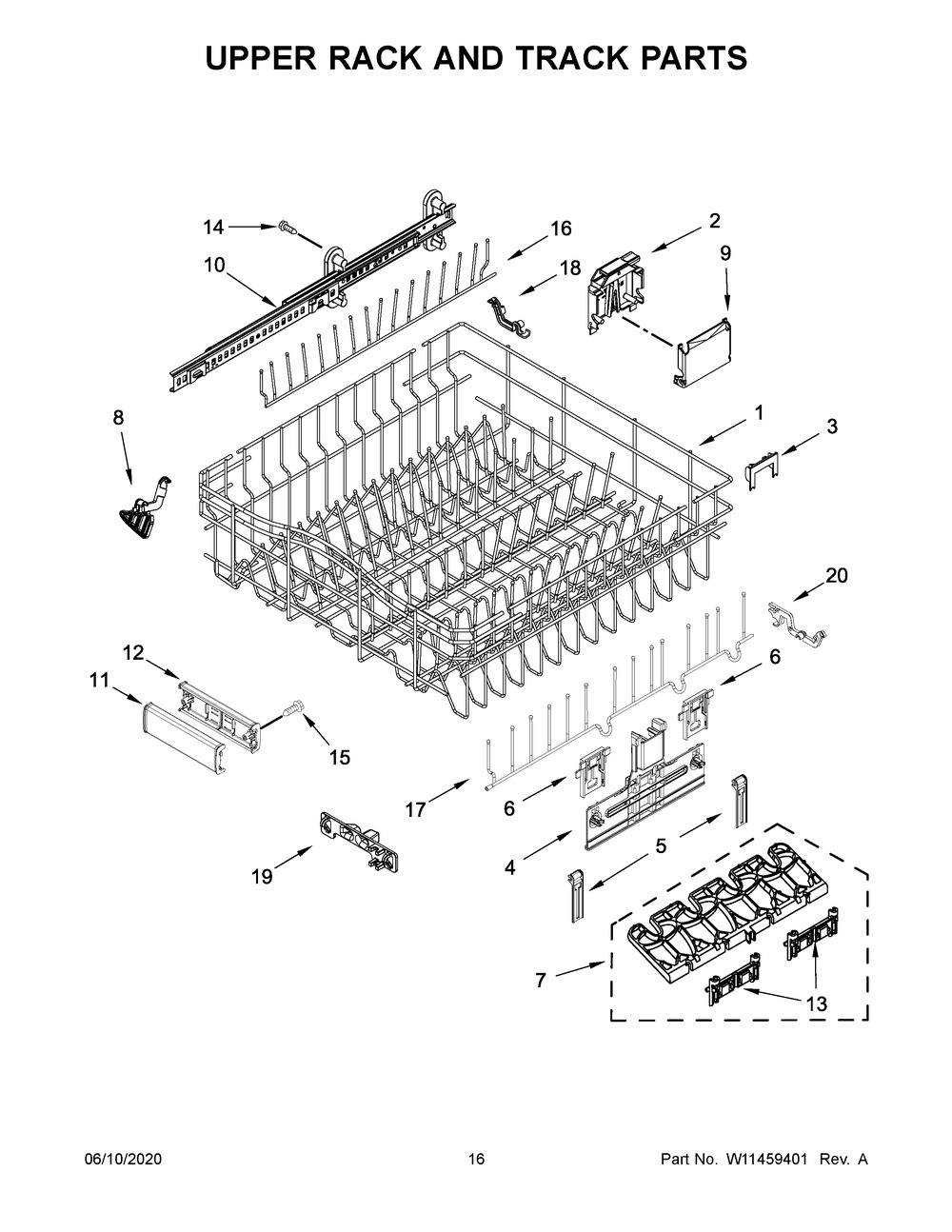 Upper Rack And Track Parts Diagram and Parts List for KDTE204GPS1  Whirlpool Dishwasher