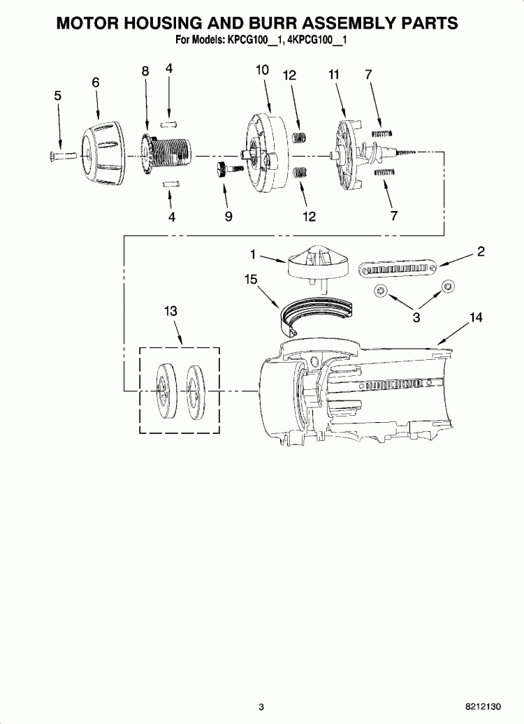 MOTOR HOUSING AND BURR ASSEMBLY PARTS Diagram and Parts List for KPCG100ER1  KitchenAid Coffee Grinder