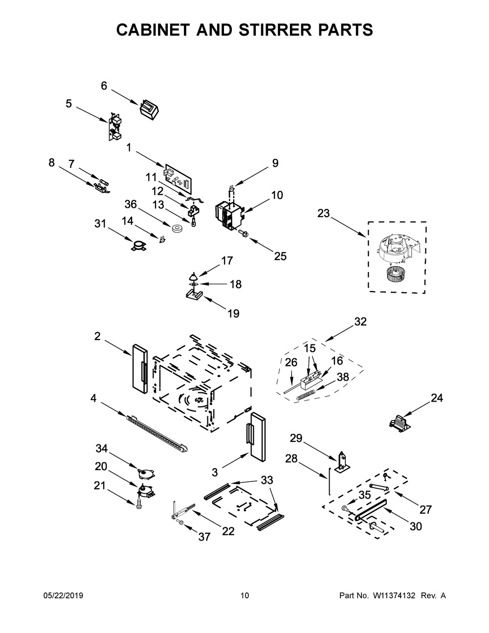 Cabinet And Stirrer Parts Diagram and Parts List for WOC54EC7HB03  Whirlpool Microwave Oven Combo