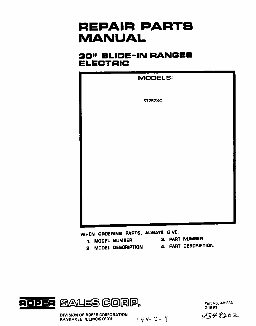 Cover Page Diagram and Parts List for S7257*0  Roper Range