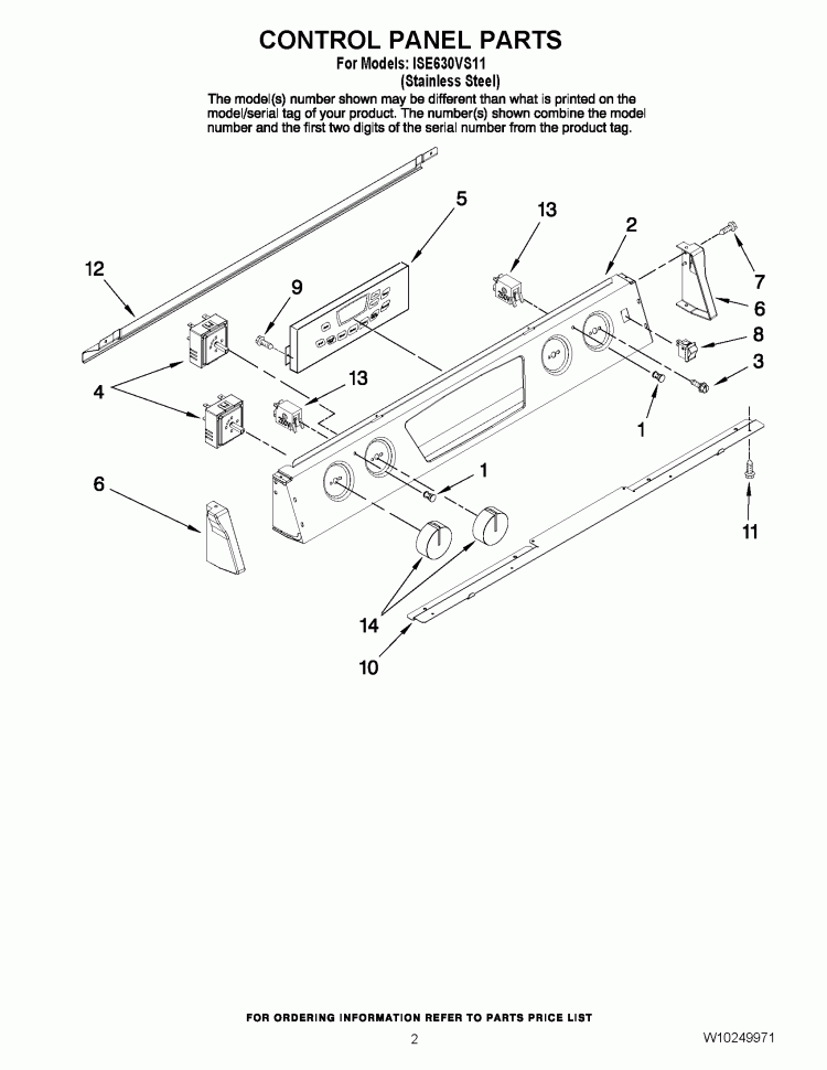CONTROL PANEL PARTS Diagram and Parts List for ISE630VS11  Whirlpool Range