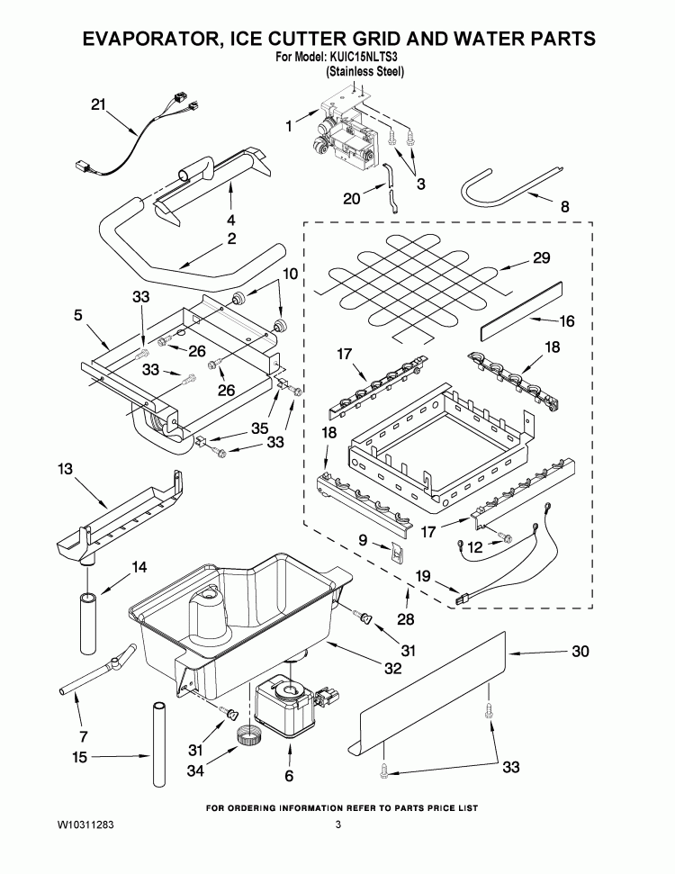 EVAPORATOR ICE CUTTER GRID AND WATER PARTS Diagram and Parts List for KUIC15NLTS3  KitchenAid Ice Maker