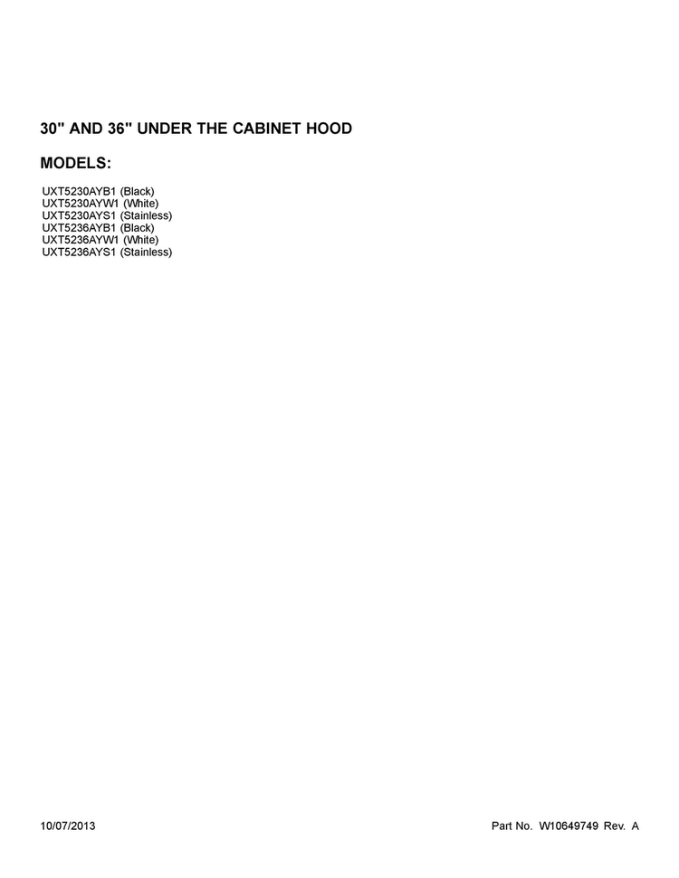 Cover Sheet Diagram and Parts List for UXT5230AYB1  Whirlpool Range Hood