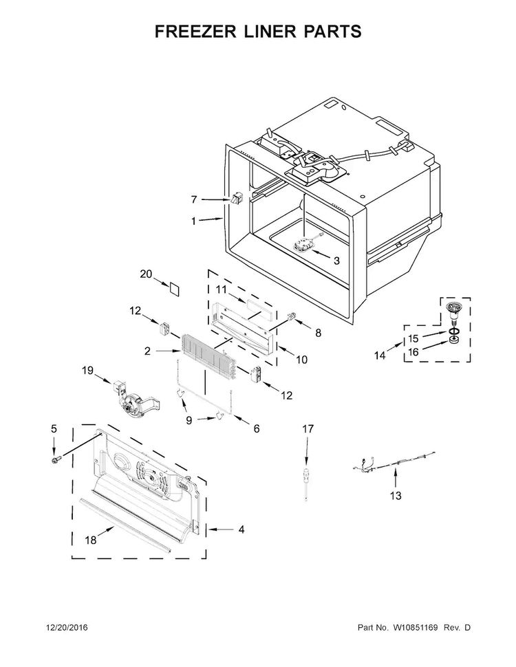 Freezer Liner Parts Diagram and Parts List for WRF992FIFH00  Whirlpool Refrigerator