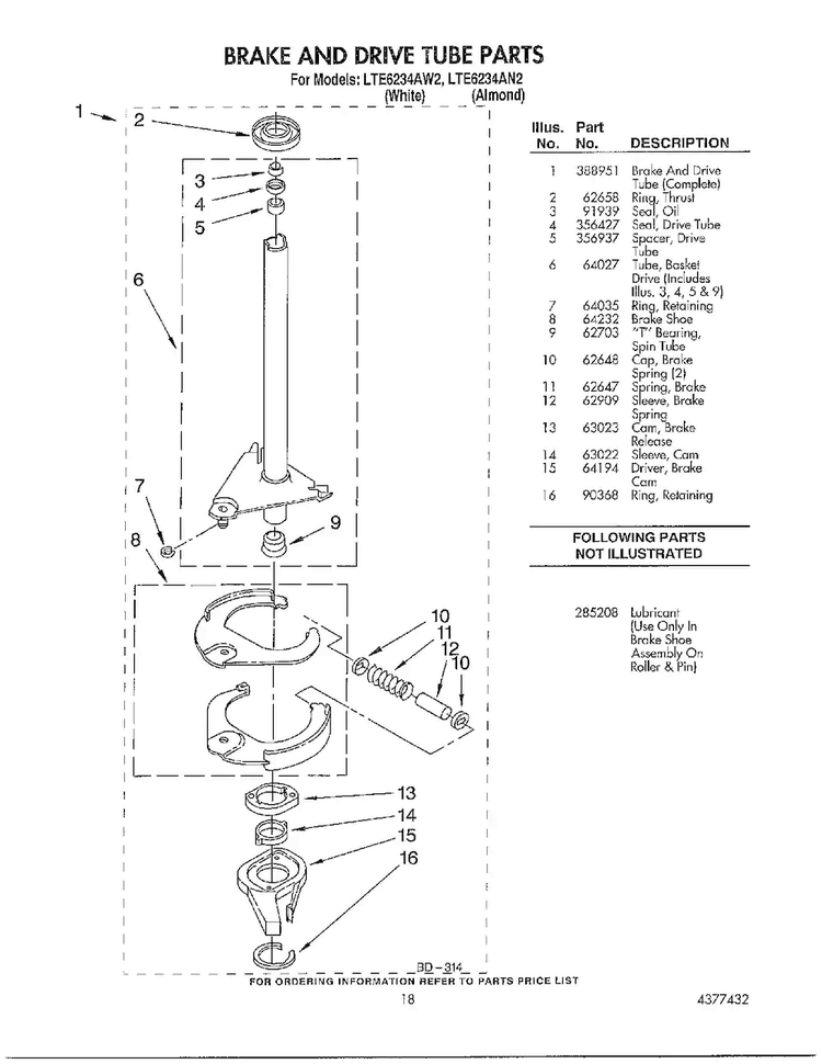 Brake And Drive Tube Parts Diagram and Parts List for LTE6243AN2  Whirlpool Washer Dryer Combo