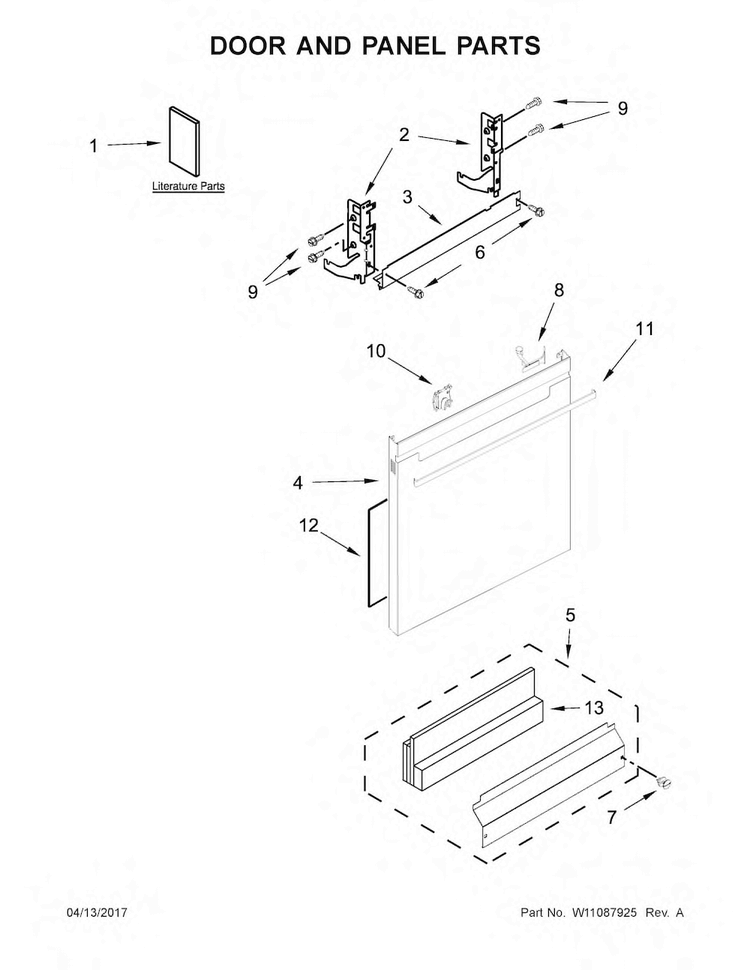 Door And Panel Parts Diagram and Parts List for WDTA50SAHZ0  Whirlpool Dishwasher