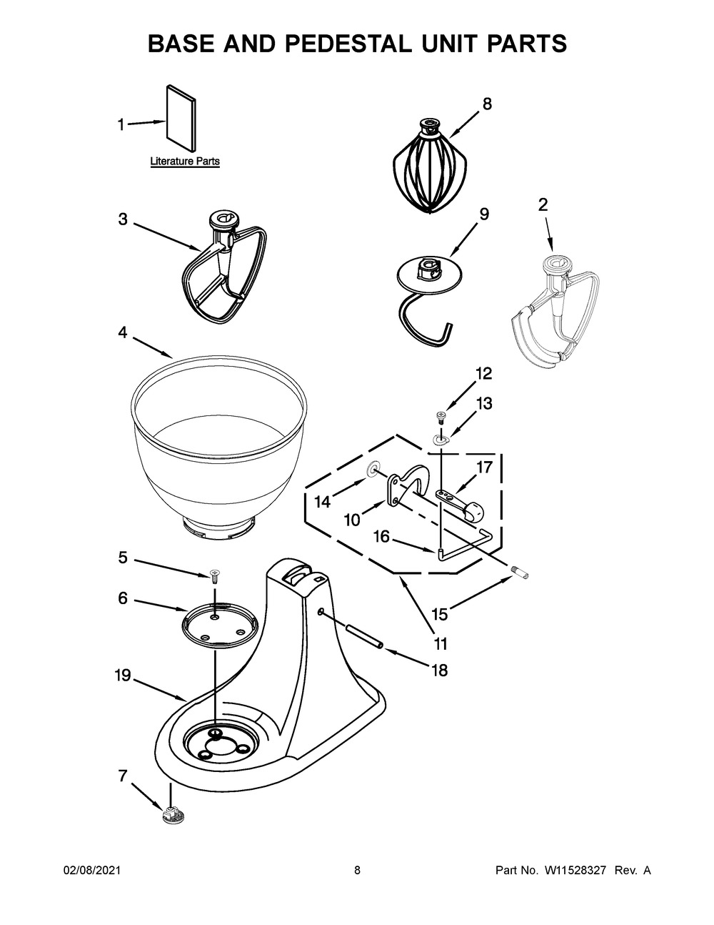 Base And Pedestal Unit Parts Diagram and Parts List for K45SSBFOB0  Whirlpool Mixer