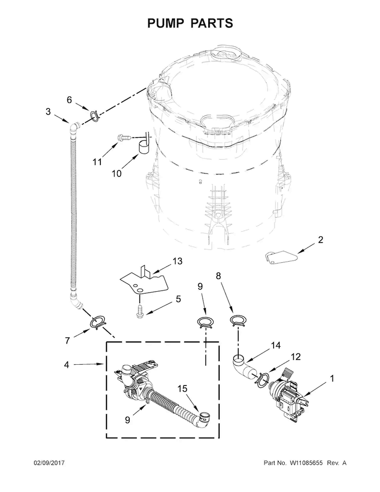 Pump Parts Diagram and Parts List for WTW8500DC3  Whirlpool Washer