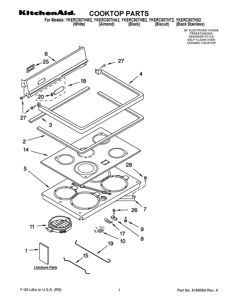 Cooktop Parts Diagram and Parts List for YKERC507HA2  Whirlpool Range
