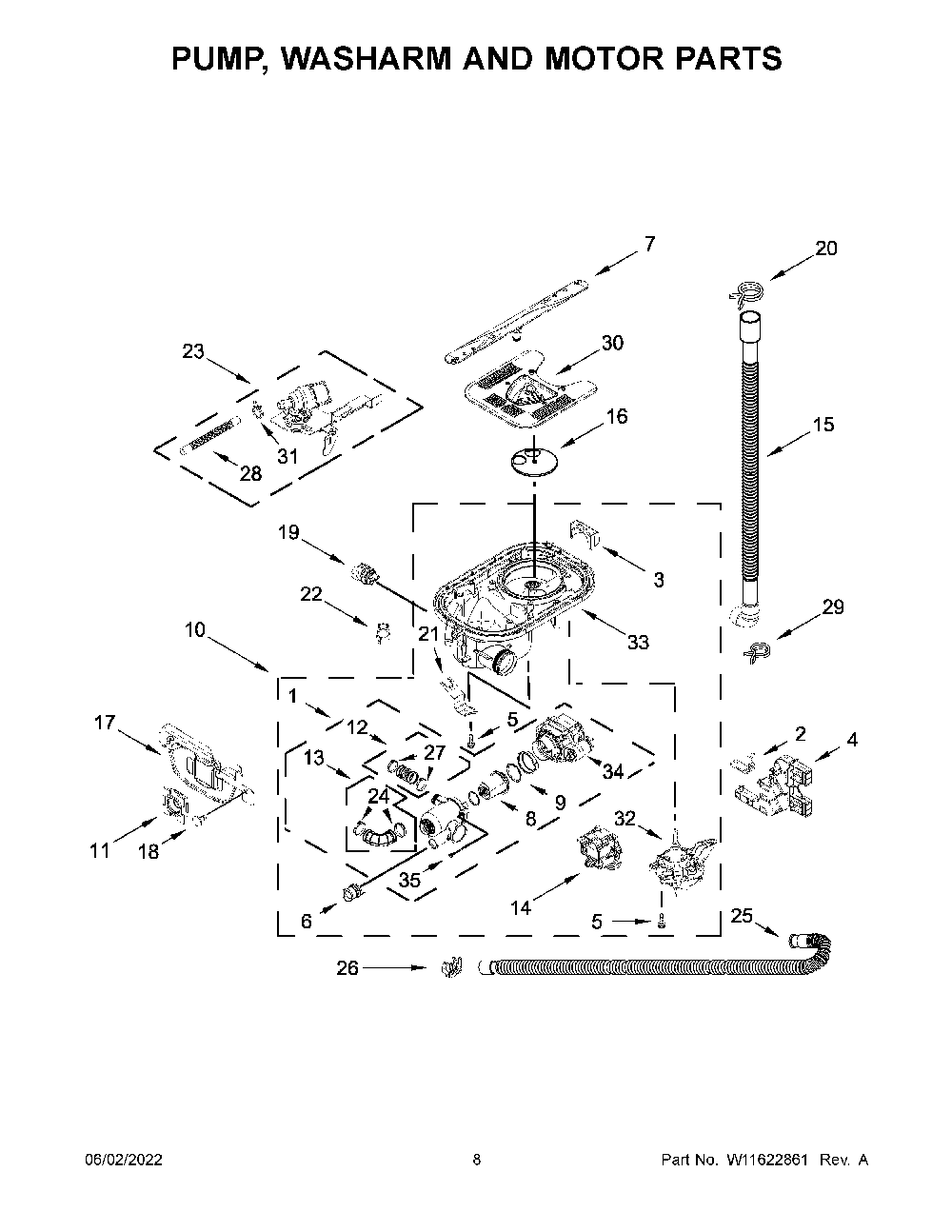 Pump, Washarm And Motor Parts Diagram and Parts List for KDFM404KBS1  KitchenAid Dishwasher