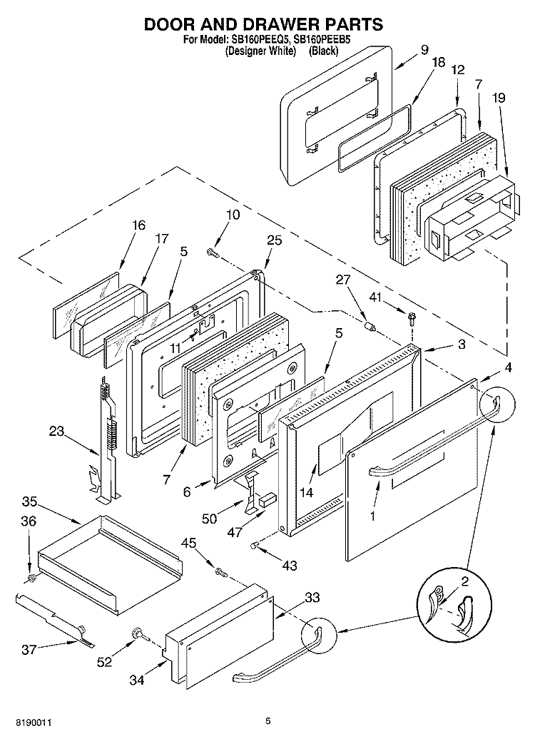 DOOR AND DRAWER PARTS Diagram and Parts List for SB160PEEQ5  Whirlpool Wall Oven