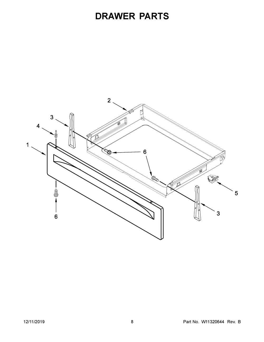 Drawer Parts Diagram and Parts List for WEE510S0FB2  Whirlpool Range