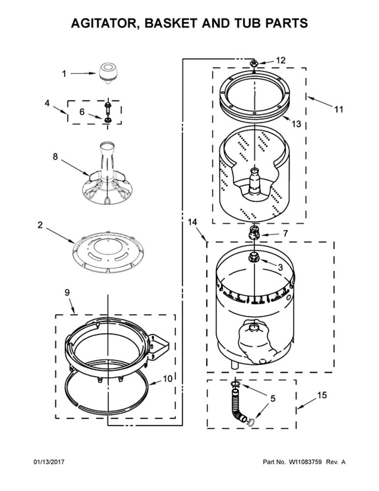 Agitator, Basket And Tub Parts Diagram and Parts List for WGT4027EW1  Whirlpool Washer Dryer Combo