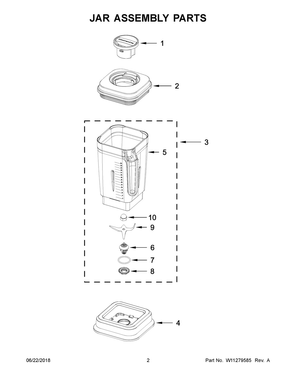 Jar Assembly Parts Diagram and Parts List for 7KSB7068MSR0  Whirlpool Blender