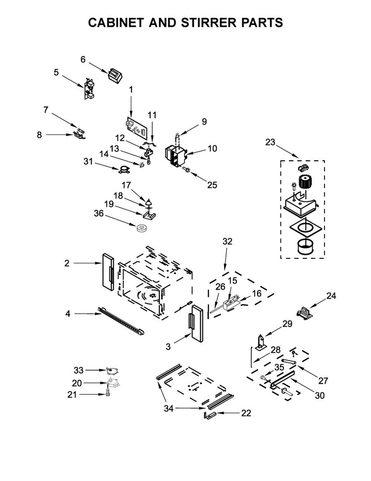 Cabinet And Stirrer Parts Diagram and Parts List for WOC75EC0HS00  Whirlpool Microwave