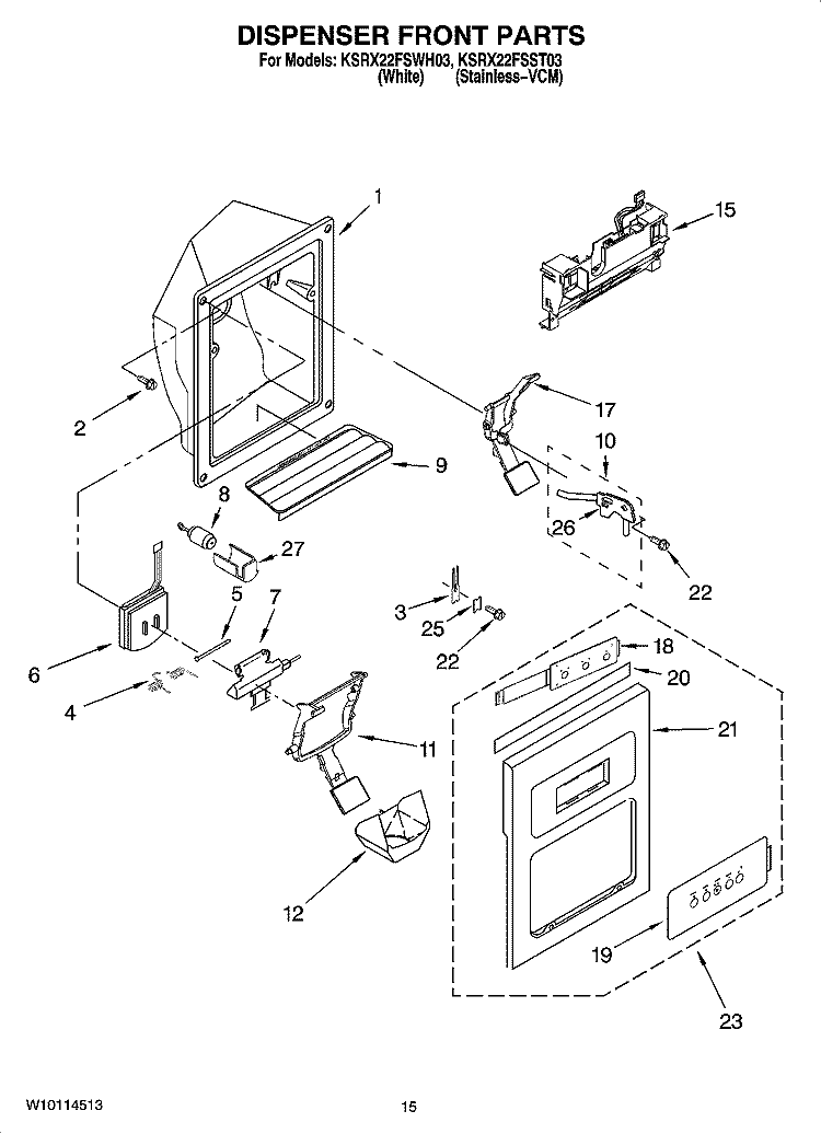 DISPENSER FRONT PARTS Diagram and Parts List for KSRX22FSST03  KitchenAid Refrigerator
