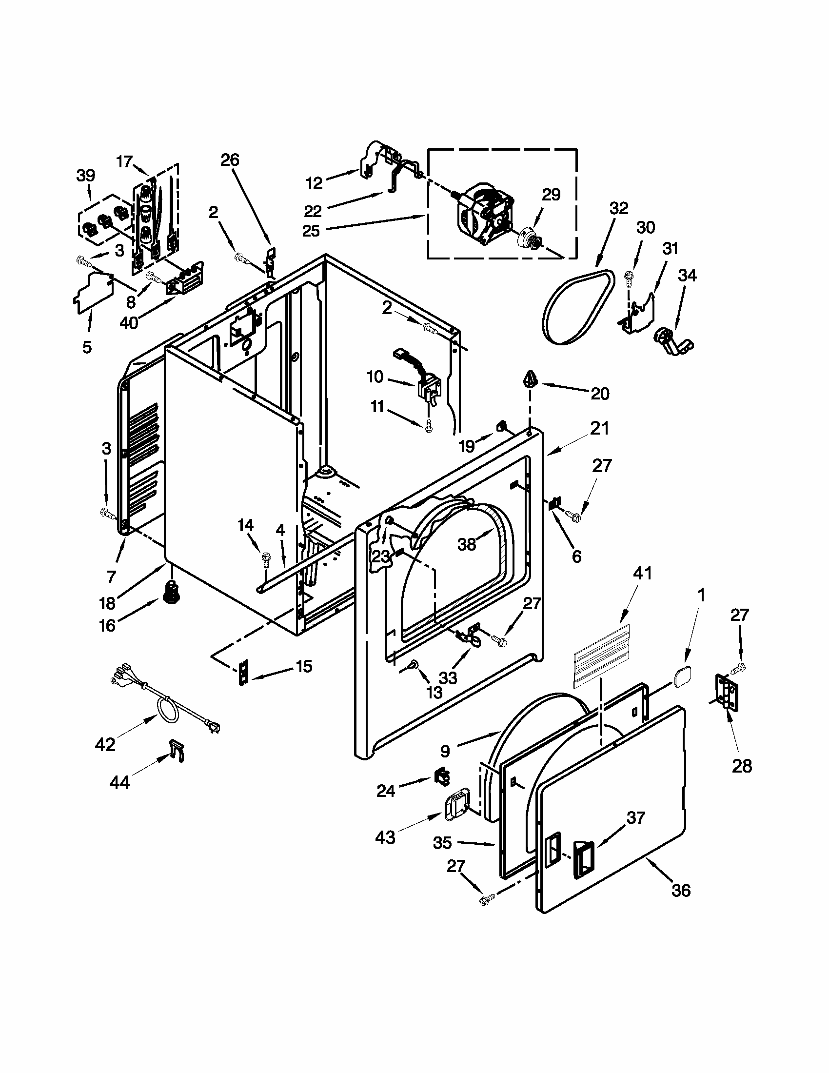 Cabinet Parts Diagram and Parts List for 110C62332510  Kenmore Dryer