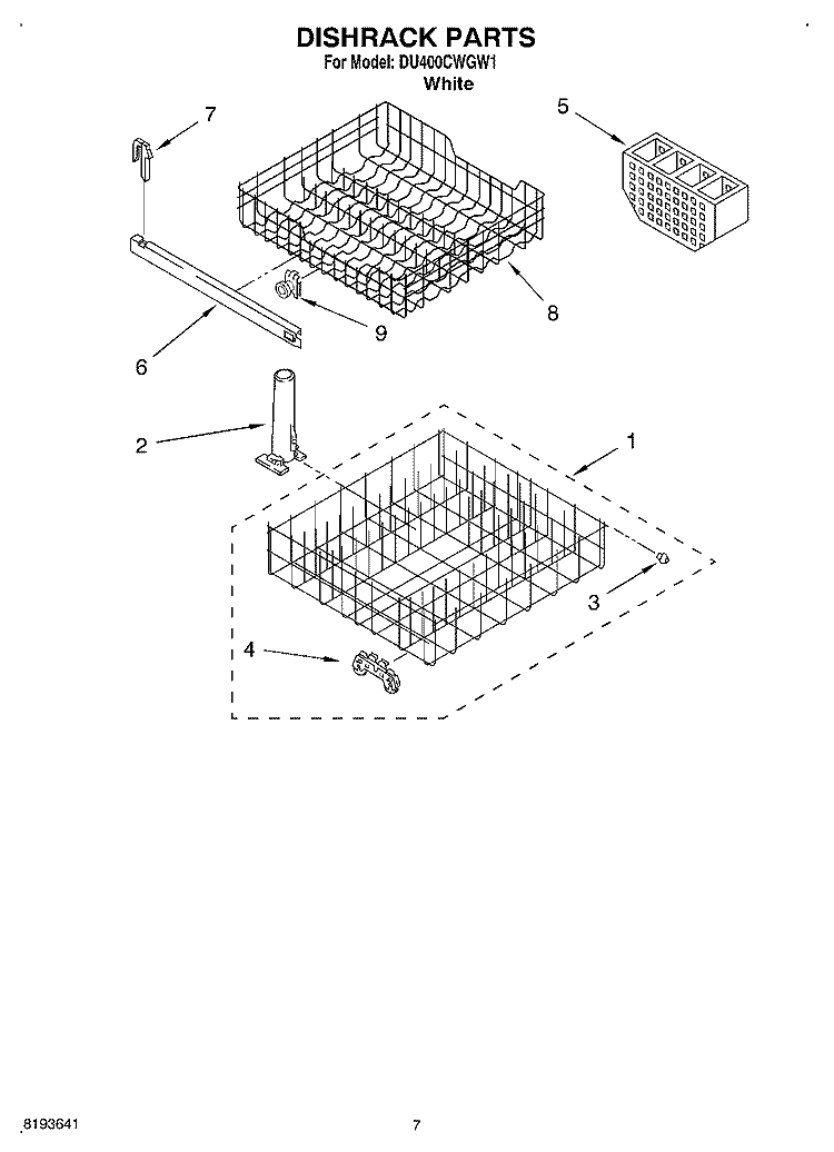DISHRACK Diagram and Parts List for DU400CWGW1  Whirlpool Dishwasher