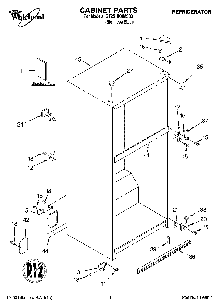 CABINET PARTS Diagram and Parts List for GT2SHKXMS00  Whirlpool Refrigerator