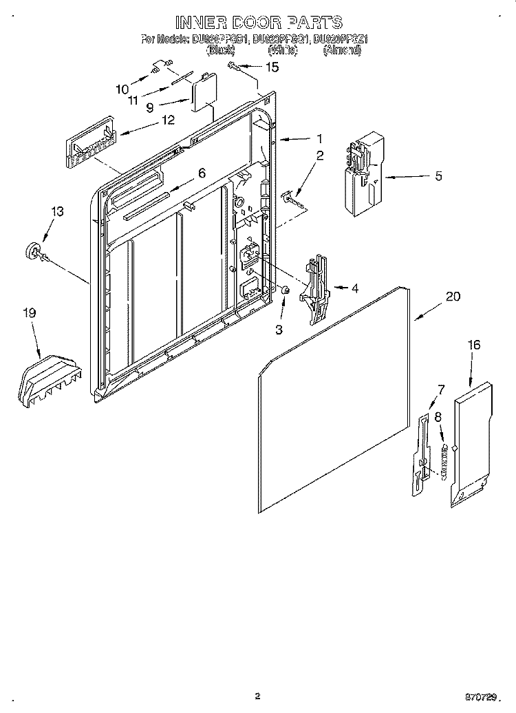 INNER DOOR Diagram and Parts List for DU920PFGB1  Whirlpool Dishwasher