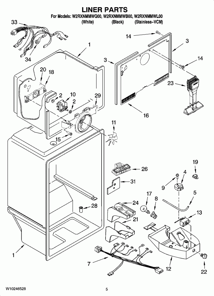 LINER PARTS Diagram and Parts List for W2RXNMMWL00  Whirlpool Refrigerator