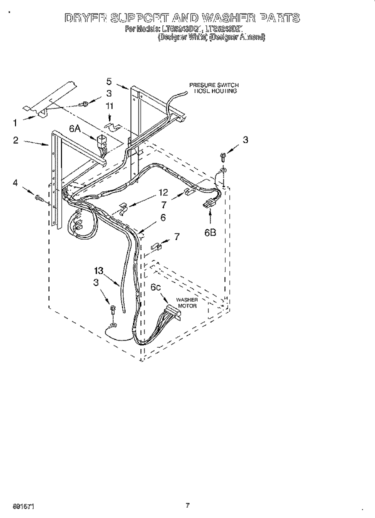 DRYER SUPPORT AND WASHER Diagram and Parts List for LTG5243DQ1  Whirlpool Washer Dryer Combo